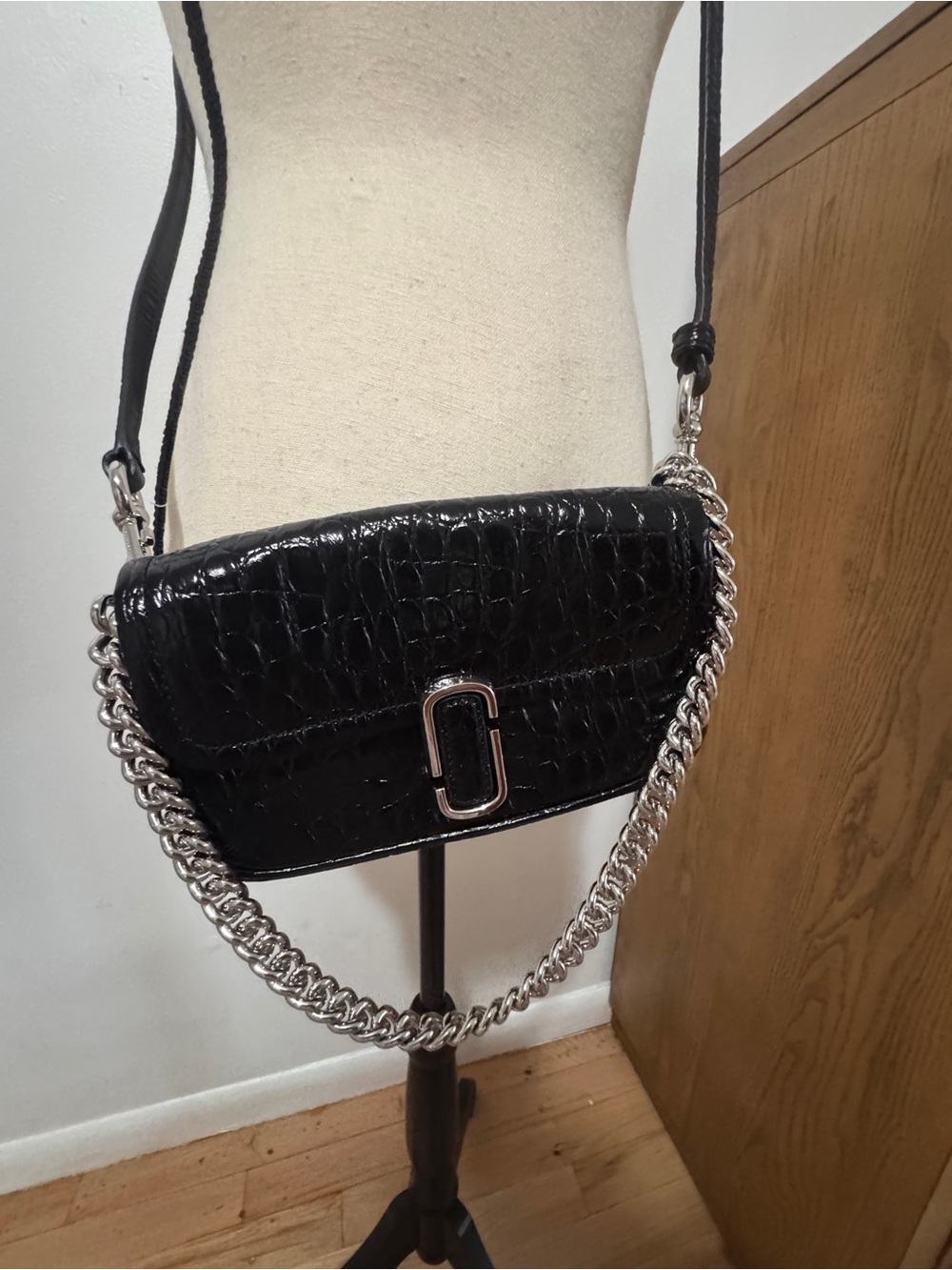 Marc Jacobs Black Croc-Embossed Shoulder Bag with Silver Chain